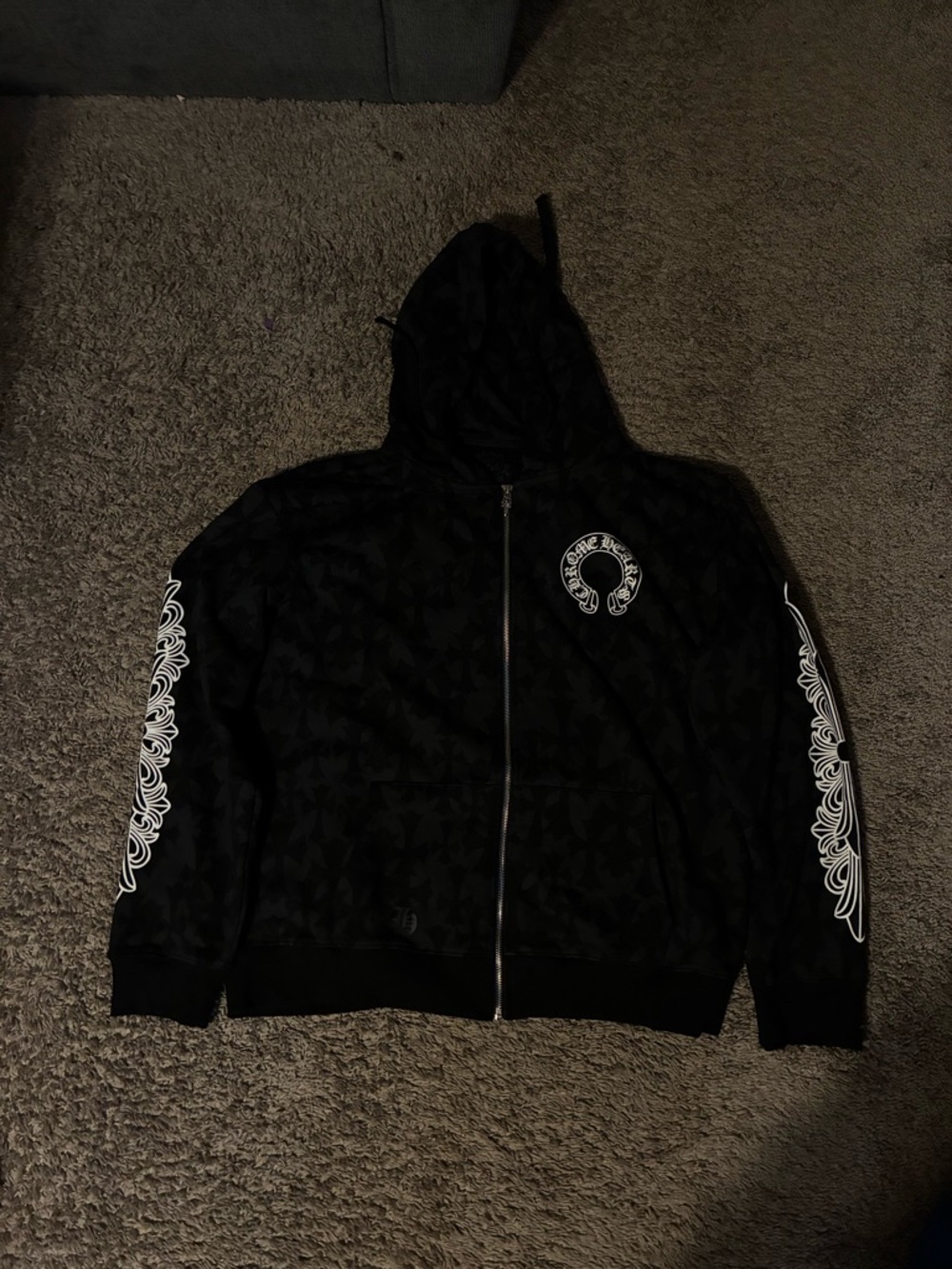 Comme des Garcons Black Zip Hoodie with White Sleeve Graphics